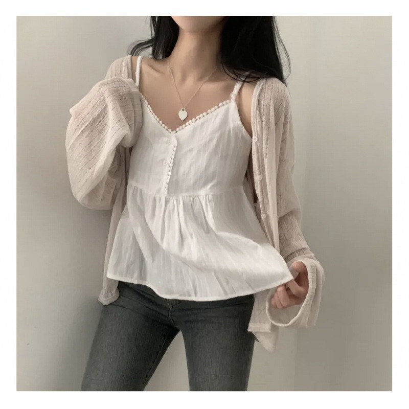 Korean Style Chic Pure Desire Lace Single-breasted Cotton Small Camisole Vest Women's Age-reducing Solid Color All-match Girl's Top