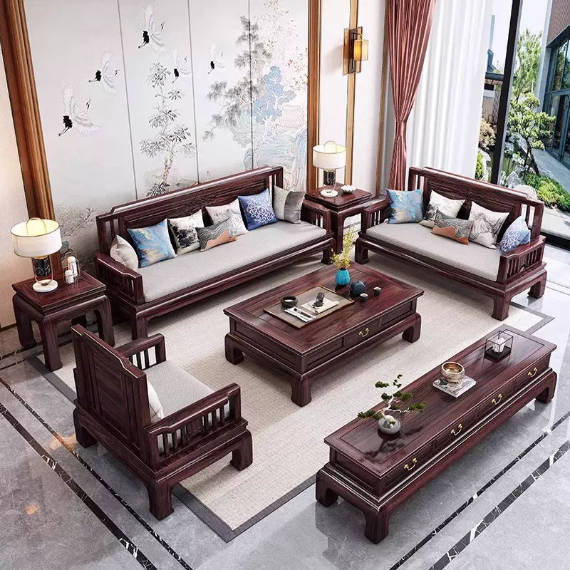 中式古典乌金木实木沙发大小户型客厅可拆洗123组合别墅高档家具