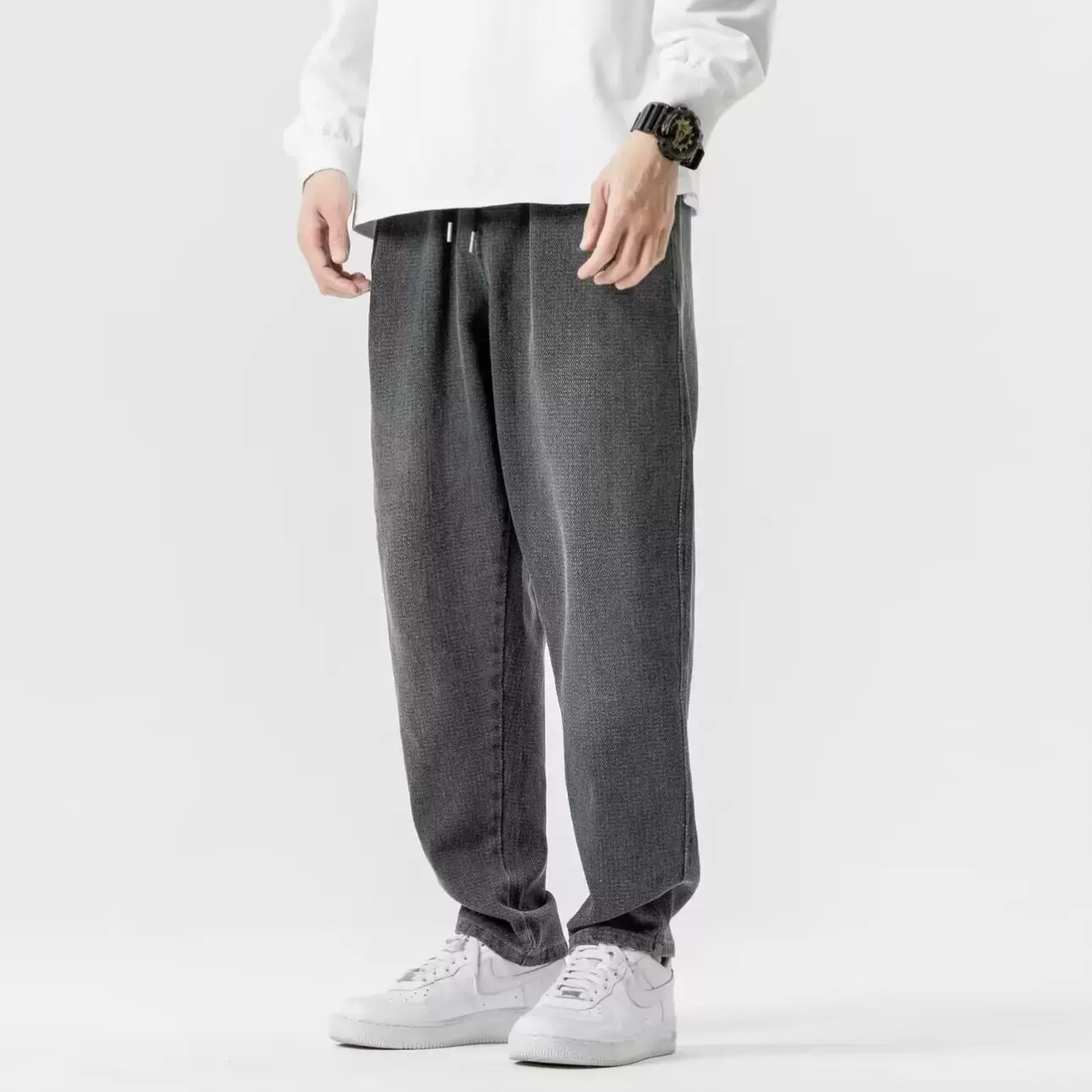 黑色牛仔裤男秋季水洗复古宽松直筒裤高街潮流时尚简约设计长裤子