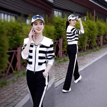 时尚休闲运动服套装女秋冬季撞色条纹开衫短款外套收腰显瘦两件套