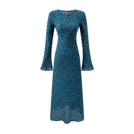 外贸批发女装新款法式复古优雅气质印花设计喇叭袖修身连衣裙