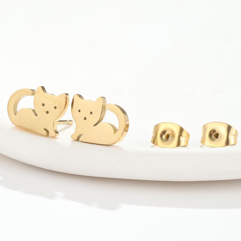 Cute Heart Shape Cat Owl Stainless Steel Plating Ear Studs 1 Pair