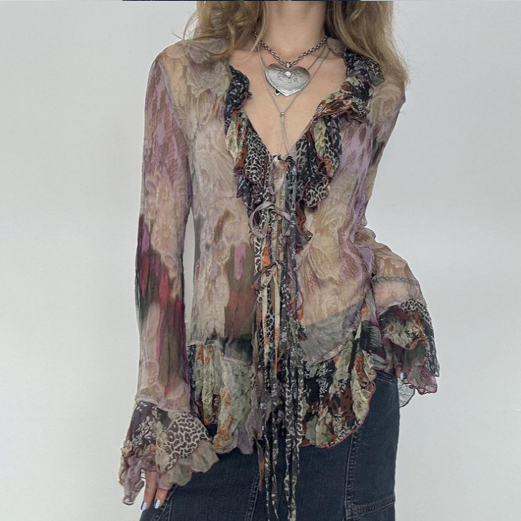Gradient print ruffled lace-up mesh top, vintage light and thin niche slim-fit bell-sleeve chiffon top