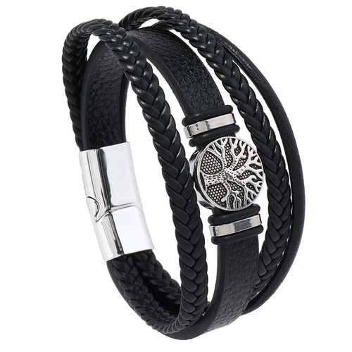 European and American Style Braided Leather Rope Bracelet Punk Multi-layer Men's Wristband Fashion Trend Tree of Life Personality Bracelet