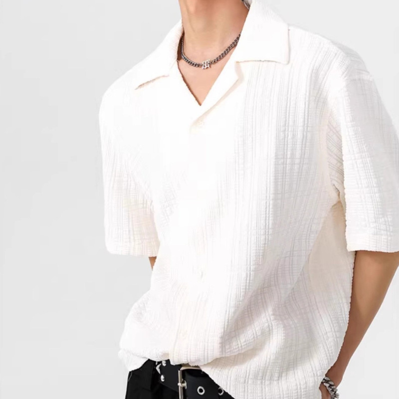 Cuban Collar Texture Shirt Short-sleeved Men's Summer New All-match Casual T-shirt Half-sleeved Loose High-end Jacket