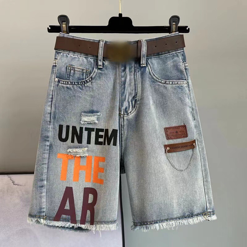 Ripped Denim Shorts Women's Summer Thin 5-point Mid-length Pants High Waist Hong Kong-style Personalized Letter Mid-length Five-point Pants