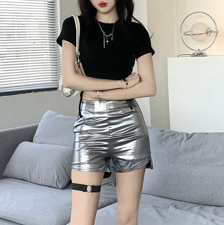 silver Spice Girls Shorts High Waist Ring Dancing A- Word Slimming Tight Hip Sports Hot Pants Ins Two-Piece Suit for Women
