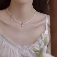 银贝s925天然海蓝宝淡水吊坠极细正圆珍珠项链女爆款双层设计颈链
