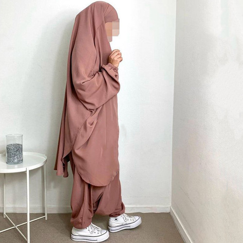 Middle Eastern Dubai Abaya Large Swing Solid Color Loose Set Comfort Sporty Women's Head Cover with Pants P103