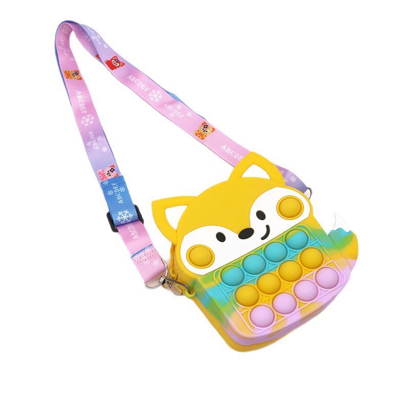 Bolso bandolera infantil de silicona con diseño de zorro, novedad 2025, disponible en stock, con monedero de burbujas de doble cara y cartera de silicona.