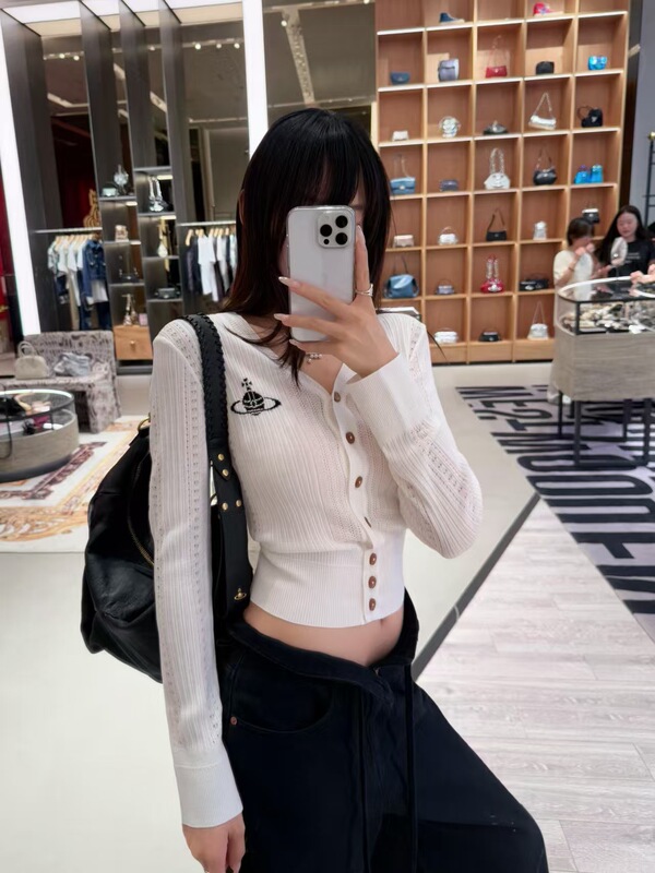 高品质~2025新款土星提花针织开衫V领纽扣长袖刺绣短款百搭外套女|undefined