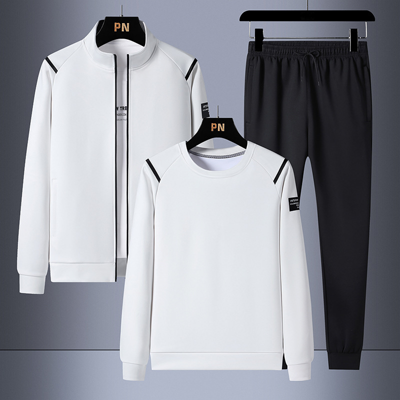 New Spring & Fall Casual Sports Suit Men's Stand-Up Collar Cardigan Jacket Long-Sleeved Sweatshirt Trendy Trousers Large Size Three-Piece Set