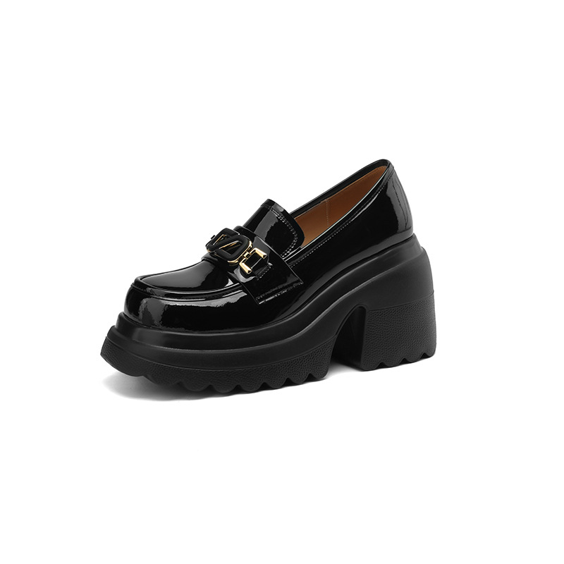 Giày loafer nữ đế xuồng cao gót mũi tròn kim loại – phong cách tăng chiều cao — Đen bóng, Be bóng