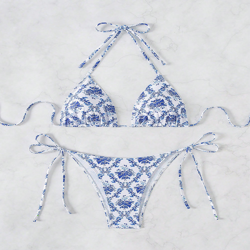 Women's Swimsuit 2025 European and American Style Floral Print Halter Neck Tie-up Hot Spring Swimwear Sexy Beach Bikini