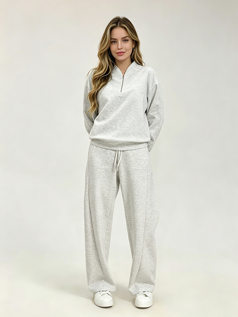 Women's Clothing Women's Fashionable Long Sleeved Sweatshirt Casual Trousers Set Style Autumn Half Open Collar Solid Color Loose Fit_ecoleips.com