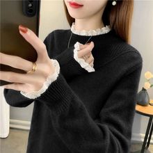 薄款针织打底衫毛衣女2025年春秋季新款宽松短款蕾丝花边领上衣潮