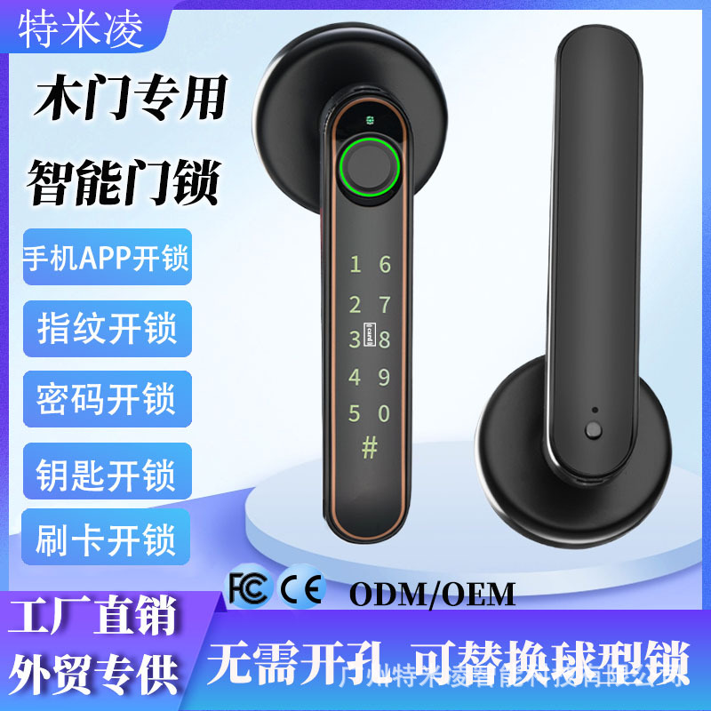 木门指纹锁室内房门涂鸦智能锁一握开出租屋办公室电子锁跨境专供