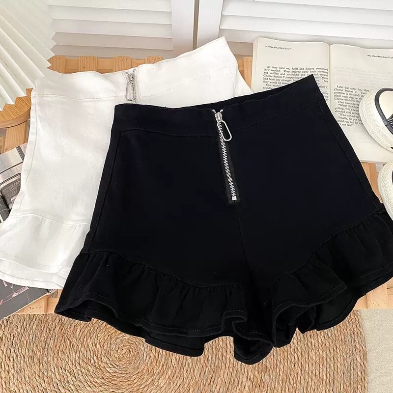 Sweet Design All-match High-waist Slimming Zipper Ruffled Wide-leg Pants Casual Pants Three-point Shorts Hot Pants for Women