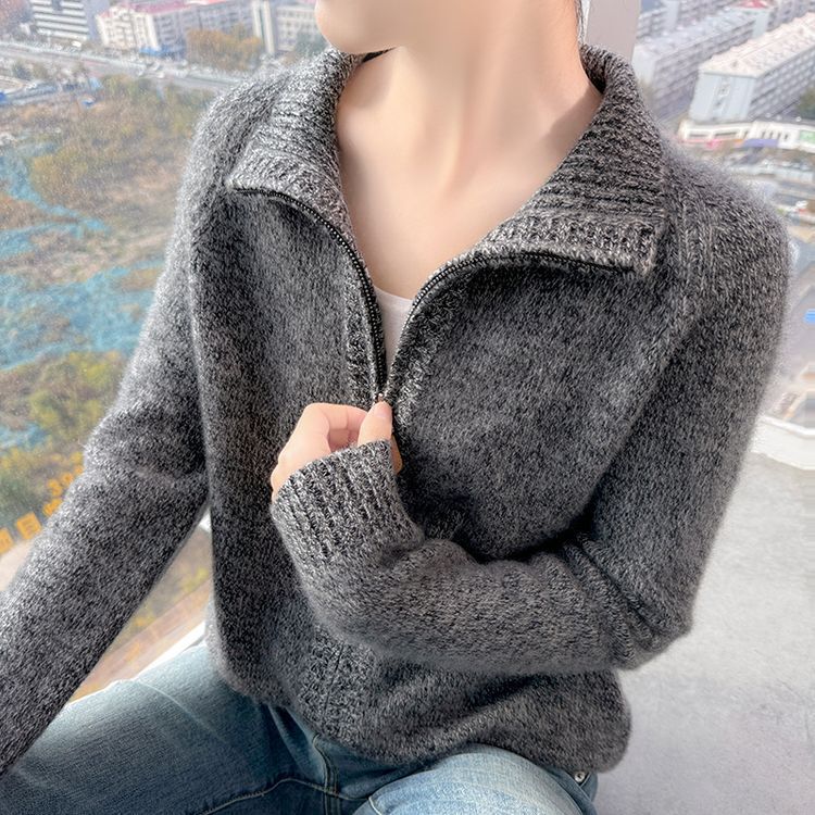 Hengyuanxiang 100% Pure Wool Cardigan Women's High Collar Double Zipper Thickeneded Outwear Sweater Loose Lazy Cashmere Top Hengyuanxiang 100% Pure Wool Cardigan Women's High Collar Double Zipper Thickeneded Outwear Sweater Loose Lazy Cashmere Top