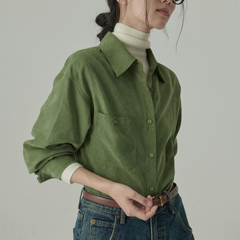 Meila Blue Sanding Shirt Women's Autumn and Winter Coat Stacked Top Copper Sulfate Wearing Gao Zhijie Sense Shirt