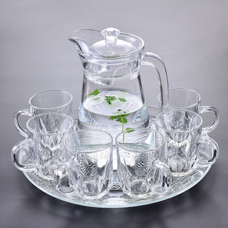 玻璃杯家用6只水杯套装客厅泡茶杯加厚耐热杯果汁杯冷水壶带托盘|undefined