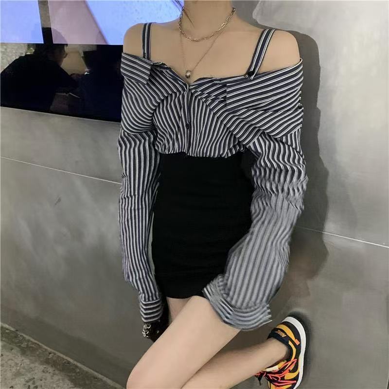 假两件拼接一字肩吊带长袖连衣裙女2025秋季新款短裙条纹衬衫裙子|undefined