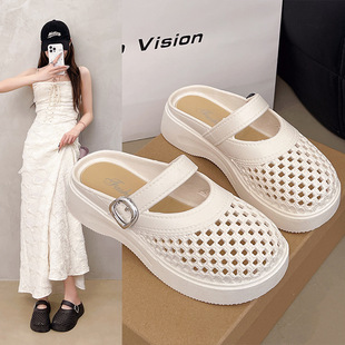2025 New Summer Woven Slip-On Breathable Lazy Slippers for Women Soft-Soled Comfortable Outer Wear Thick-Soled Toe-Cap Slippers