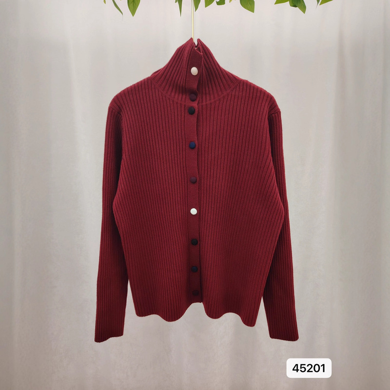 Red Wool Cardigan Sweater Uk Vintage Style with Ribbed Stand Collar and Fruit Button Jacket Style