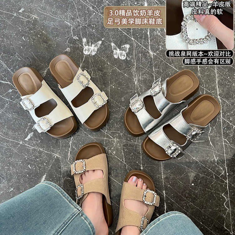 Женские летние пляжные шлепанцы Birkenstock с толстой подошвой, стразами и пробковой подошвой, 2025 года.