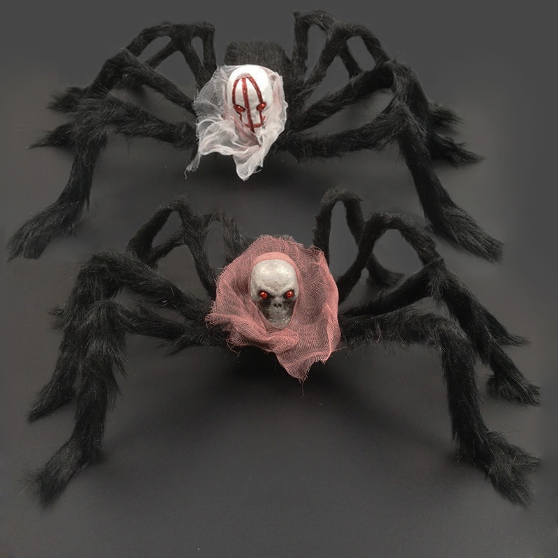 Decoración de Halloween sitio de araña atmósfera diseño props simulación de pelusa cabeza fantasma araña juguetes araña negra