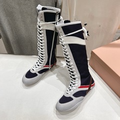 2025 春夏キャットウォークモデルカラーブロック布快適なフラットソールスポーツカジュアルファッション多用途ハイトップストラップミッドカーフブーツ