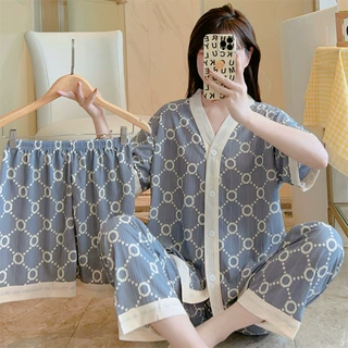 睡衣女夏季三件套装短袖长裤短裤甜美ins风坑条直播外贸家居服6
