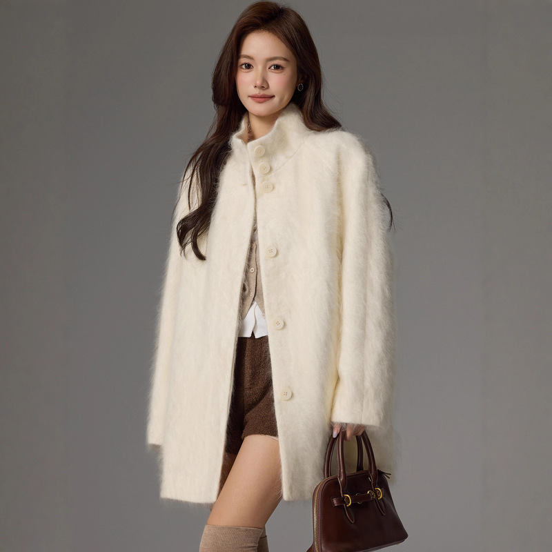 Long-Haired Autumn and Winter Thickened Cashmere Brushed Coat Brushed Mid-Length Coat Wool New Pearl White