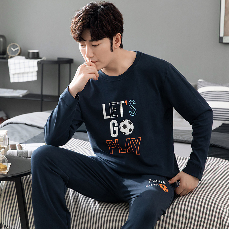 Nuevo traje de ropa para el hogar de algodón puro para hombres pijamas pantalones de algodón de manga larga para hombres delgados de primavera y otoño se pueden usar fuera suéter de cuello redondo