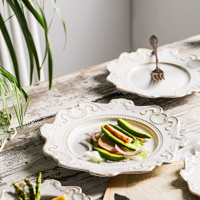 Ретро-барокко, плавающая керамическая посуда, тарелка, западная обеденная тарелка, салатница, суповая тарелка, белая глазурованная серия Jun Vine