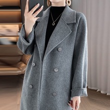 新款羊毛呢双面呢羊毛大衣女士高档双排扣长款秋冬季赫本风外套81