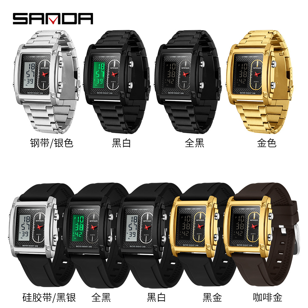 SANDA transfronterizo explosivo cuadrado hombre reloj electrónico de cuarzo impermeable moda multifunción doble pantalla reloj electrónico