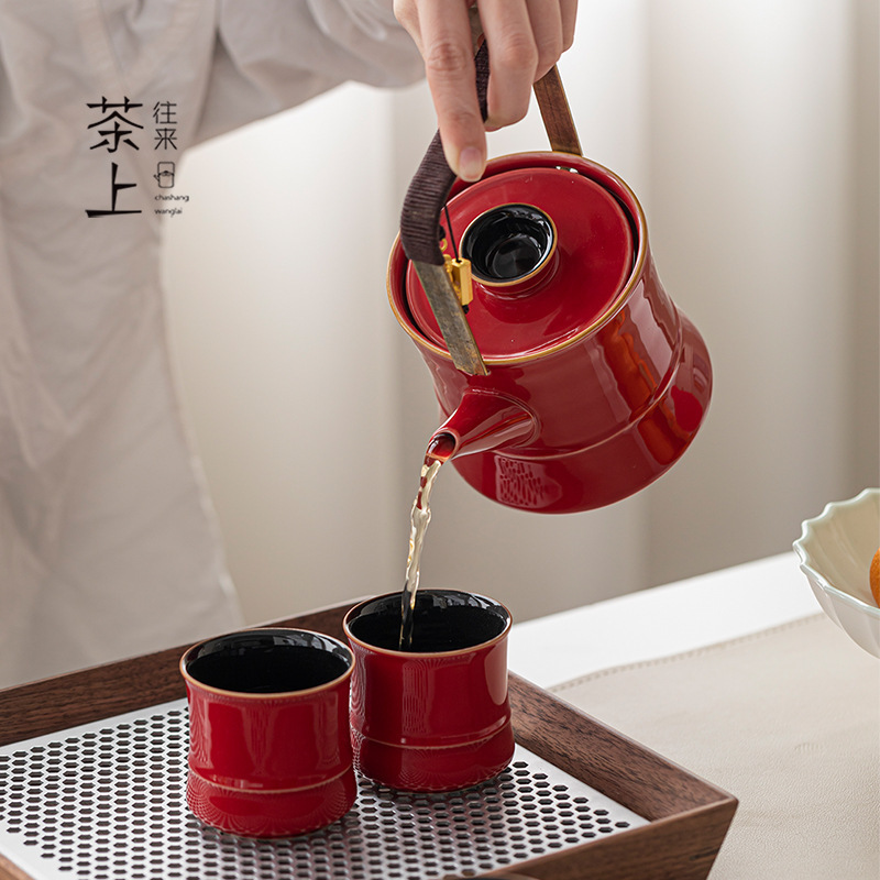 陶瓷茶具宫廷红提梁壶套装一壶六杯结婚新婚伴手礼送老外实用礼物|undefined