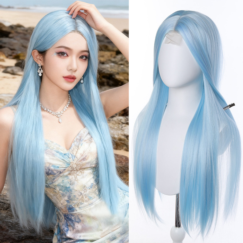 Light Blue Wig with Middle Parting, Versatile 70cm Colored Long Straight Hair Full Headpiece, Realistic High-Temperature Fiber Wig Wholesale