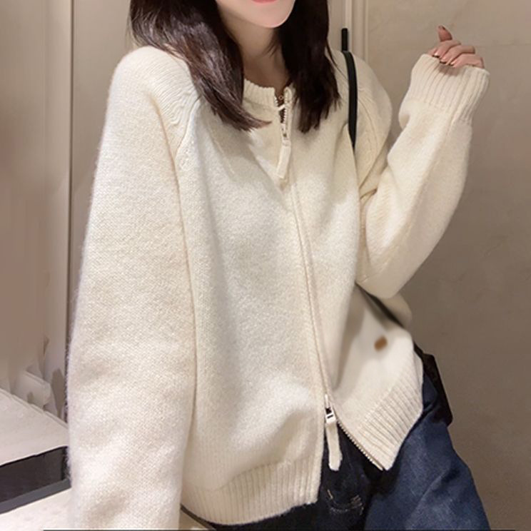 批发2025新款设计感双拉链韩系毛衣针织衫女开衫外套洋气宽松上衣|undefined