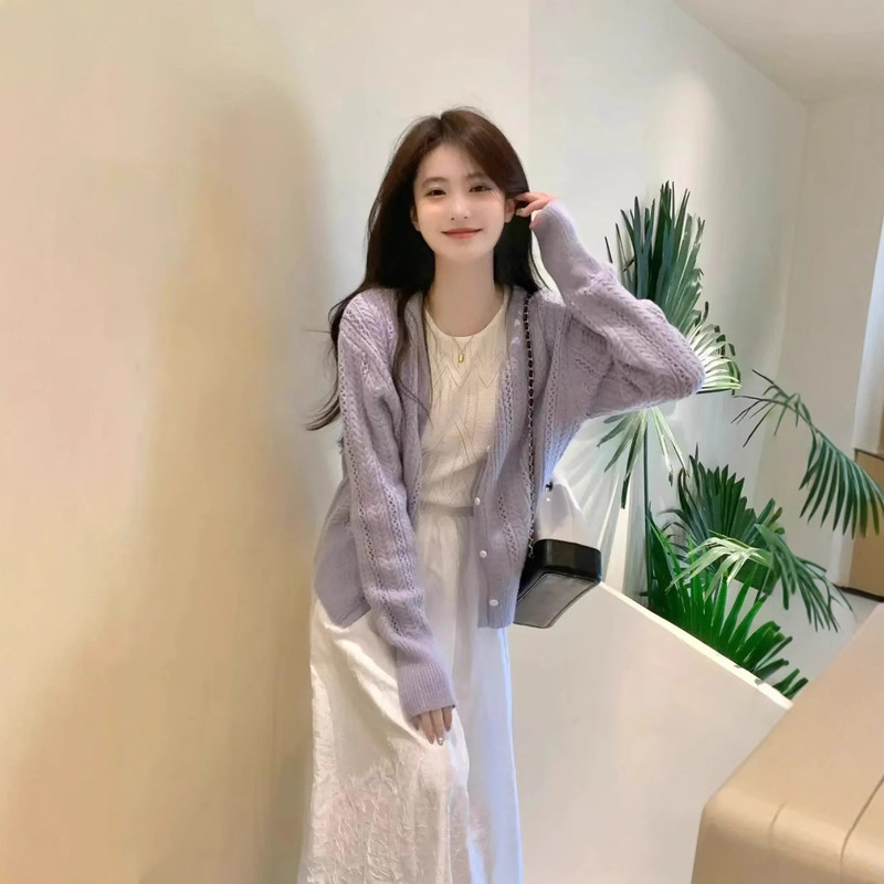 Suit Women's 2025 Spring Sleeveless Vest Dress Slim Long Skirt Cut Out Knitted Cardigan Trendy Cut Out Design