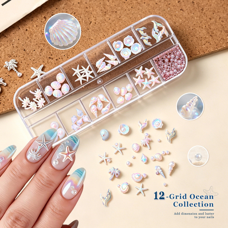 Summer Ins-Style Ocean-Themed Nail Art Accessories, Aurora Iridescent Shells, Starfish, Pearls Mixed in a 12-Compartment Storage Box