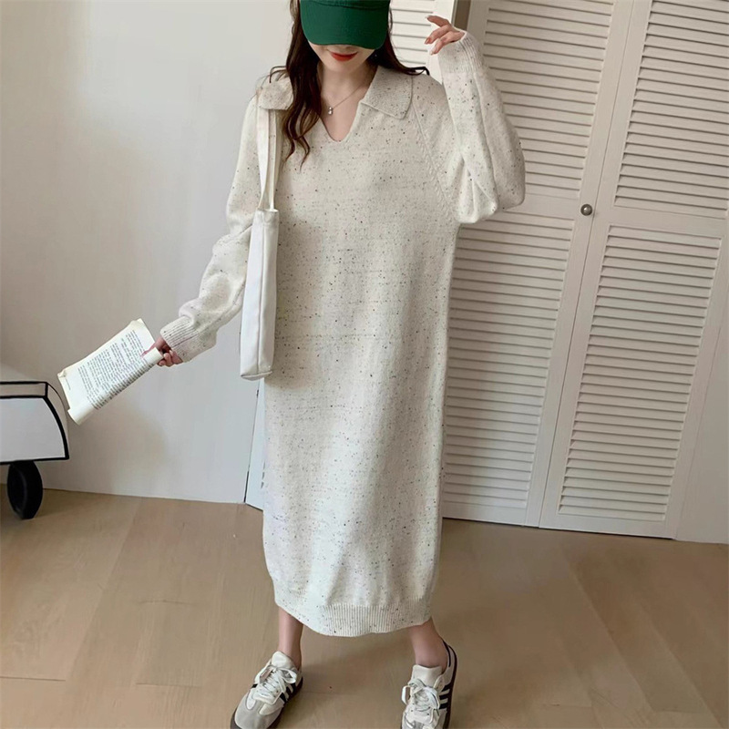 长款配大衣针织连衣裙秋冬新款宽松慵懒polo领打底内搭毛衣裙上衣|undefined