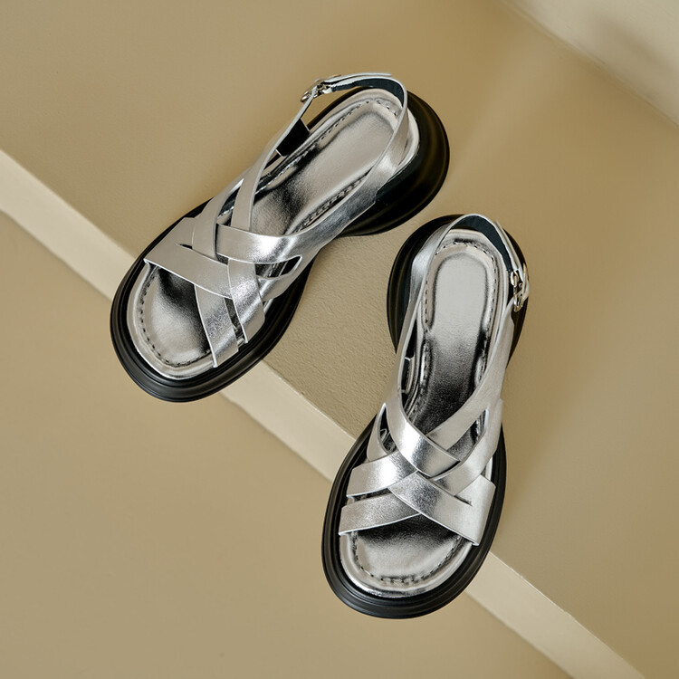 Sandal da cừu đế dày hở ngón tăng chiều cao nữ — Màu bạc, Màu mơ chi tiết 35
