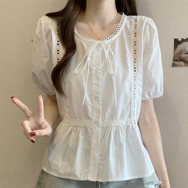 Light Blue Lace-Trimmed Short-Sleeve Shirt for Women, 2026 Summer New Style, Plus-Size, Super Cute Babydoll Top