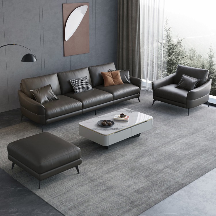 Nordic minimalist modern living room down feather dark gray sofa small apartment combination living room cowhide leather sofa