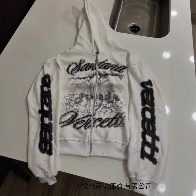 American Popular Retro Harajuku Street Dark Hip-Hop High Street Cartoon Print Zipper Hoodie Loose Sweatshirt