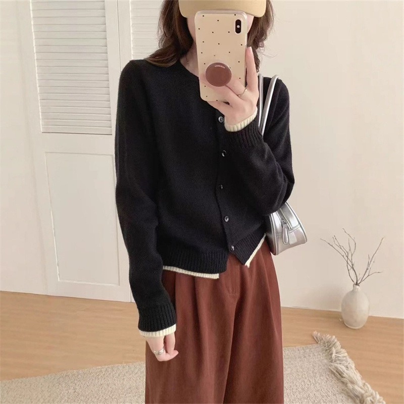 KANING韩系设计感撞色假两件针织开衫2025秋冬新款圆领撞色毛衣女|undefined