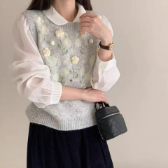 韩系氛围感egg立体花朵针织马甲背心女秋季宽松减龄叠穿毛衣上衣