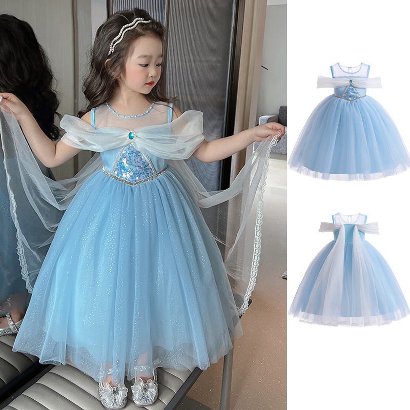 Girls' New Dress, Short-Sleeved Elsa Dress, Internet Celebrity Girl's Elsa Princess Dress, Mesh Tutu Skirt